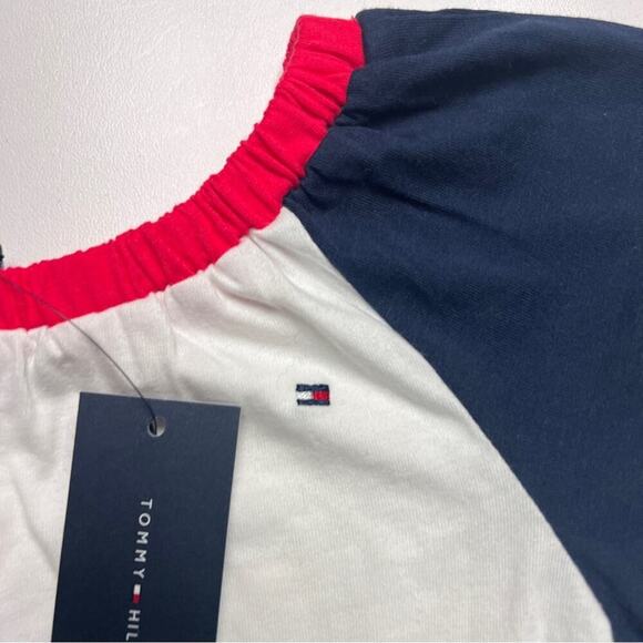 Tommy Hilfiger Girls Logo Red White Blue Short Sleeve Drawstring Romper Sz 4-6x - Picture 8 of 13